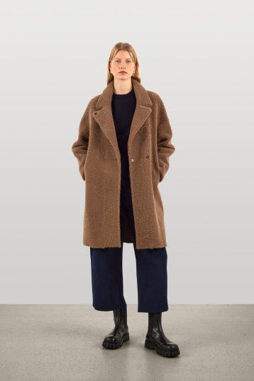 Notch Collar Shearling Coat in Camel | Women | Gushlow & Cole - model length with coat open