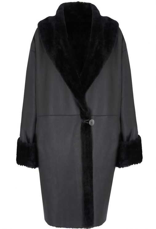 Oversized Shearling Shawl Coat in Black | Women | Gushlow & Cole