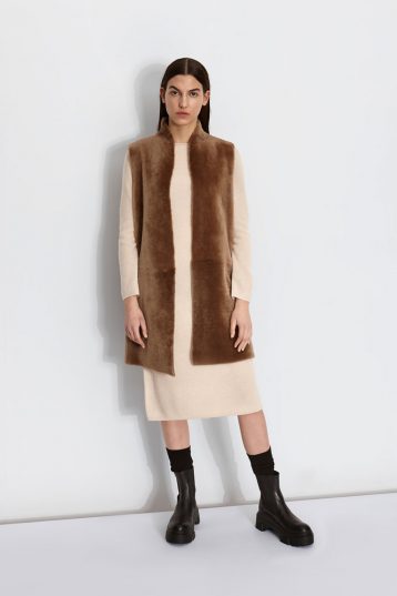 Wool and Shearling Crombie Gilet in Camel | Women | Gushlow & Cole