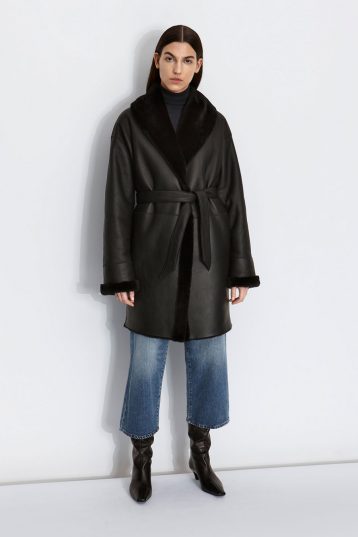 Oversized Shearling Shawl Coat in Black | Women | Gushlow & Cole model