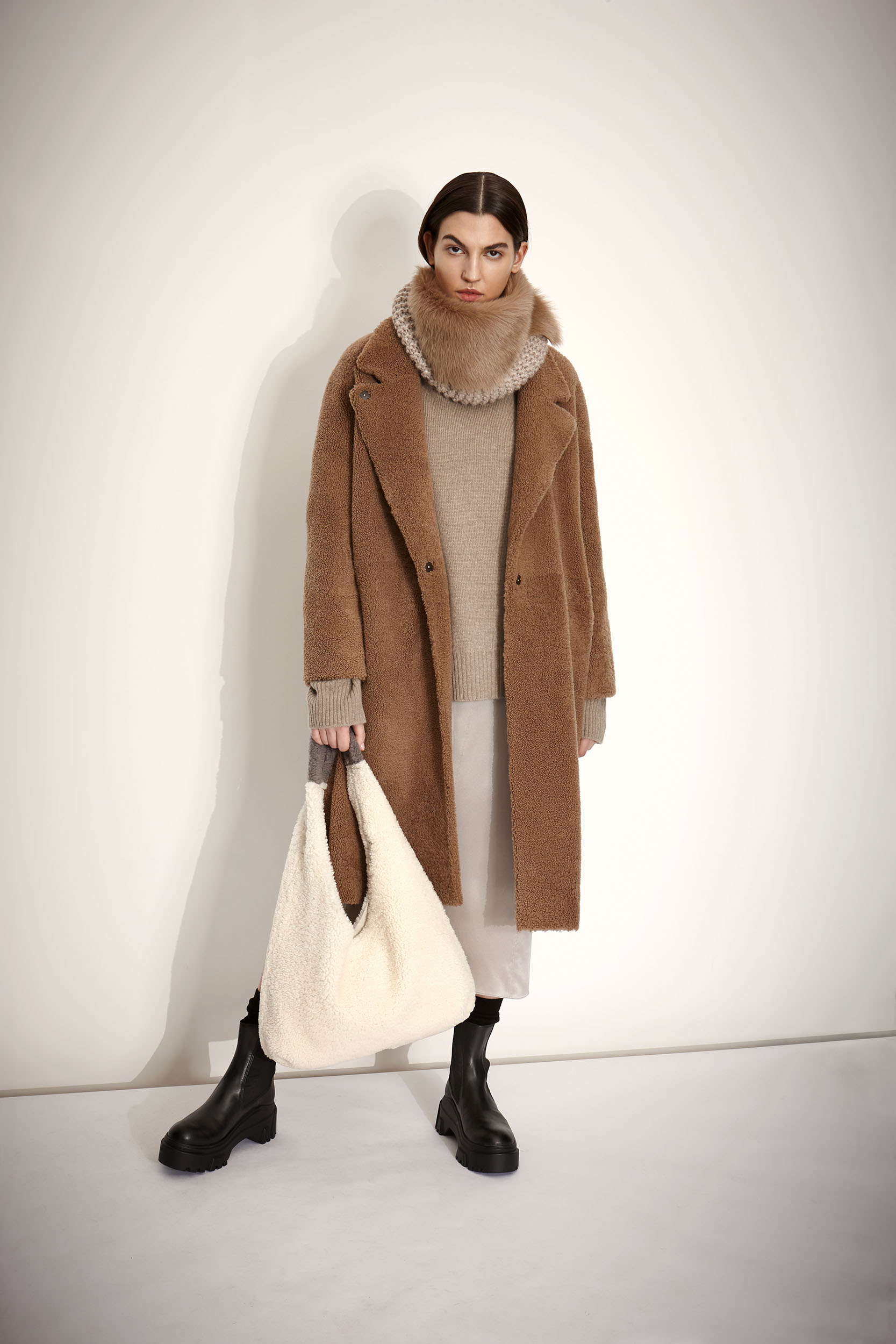 Stand Collar Shearling Coat In Nude Women Gushlow Cole