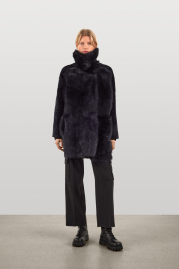 Black Shearling Taper Coat | Womens Luxury Shearling | Gushlow & Cole | model full length front coat done up