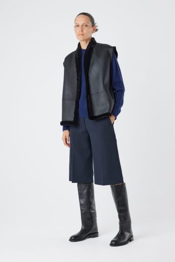 Black Boxy Shearling Gilet | Womens | Gushlow & Cole - model front leather out