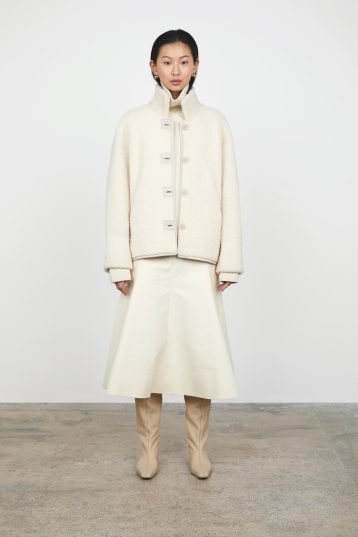 White Boxy Dropped Hem Shearling Jacket gushlow and cole womens shearling model full length front