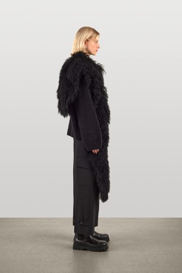 Black Mongolian Shearling Scarf | Womens Luxury Shearling | Gushlow & Cole | model side