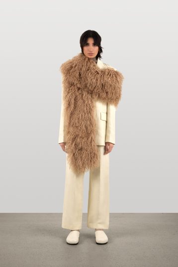 Camel Mongolian Shearling Scarf | Womens Luxury Shearling | Gushlow & Cole | model front over shoulder