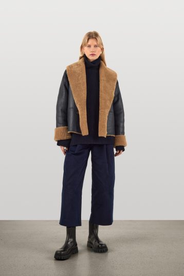 Navy Boxy Shawl Shearling Jacket | Womens Luxury Shearling | Gushlow & Cole | model front open