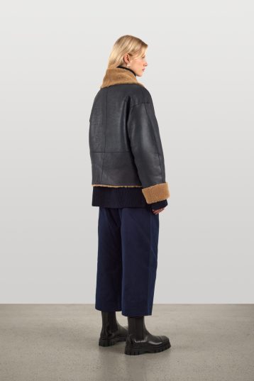 Navy Boxy Shawl Shearling Jacket | Womens Luxury Shearling | Gushlow & Cole | model back