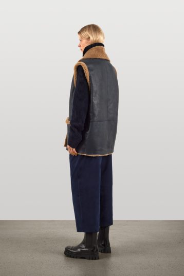 Navy Patch Pocket Shearling Gilet | Womens Luxury Shearling | Gushlow & Cole | model gilet back