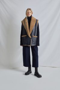 Navy Patch Pocket Shearling Gilet | Womens Luxury Shearling | Gushlow & Cole | model gilet done up