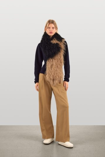 Black & Camel Two Tone Mongolian Shearling Scarf | Gushlow & Cole | model full length side