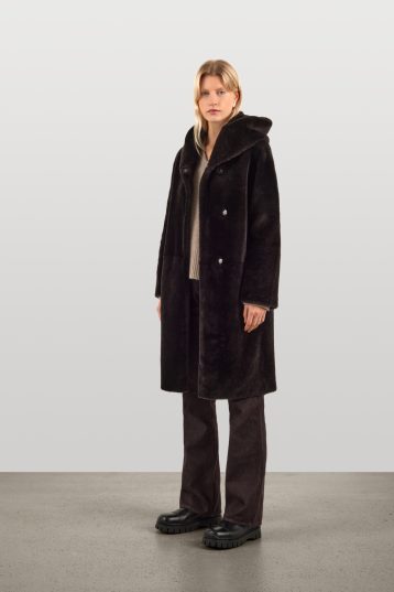 Brown Hooded Shearling Coat | Womens Luxury Shearling | gushlow & cole - model full length front