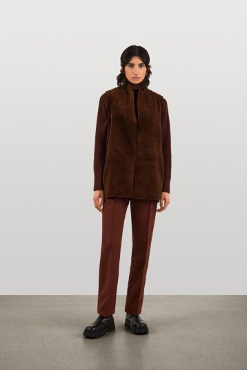 Chestnut Brown Short Shearling Gilet | Womens Luxury Shearling | Gushlow & Cole | model full length front