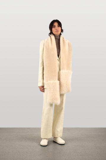 Cream Mixed Textured Shearling Scarf | Womens Luxury Shearling | Gushlow & Cole | model full length