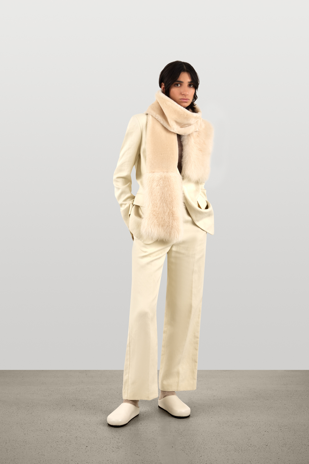 Cream Mixed Textured Shearling Scarf | Womens Luxury Shearling | Gushlow & Cole | model full length scarf wrapped around neck