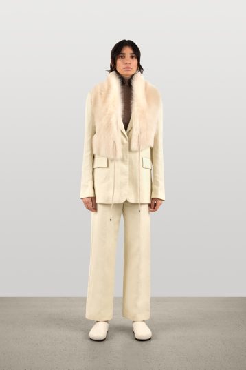 Cream Shearling Shawl Scarf with Leather Tie | Womens Luxury Shearling | Gushlow & Cole | model full length scarf down