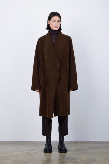 Brown Collarless Shearling Wrap Coat | Womens | Gushlow & Cole - model front