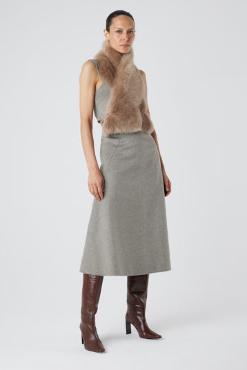 Camel Shearling Shawl Scarf | Womens | Gushlow & Cole - model full length scarf crossed over