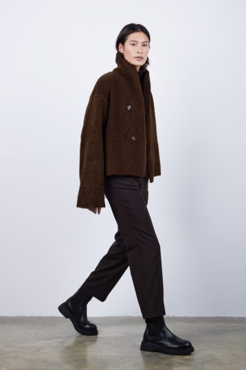 Chestnut Brown Boxy Shearling Jacket | Womens | Gushlow & Cole - model side wool out