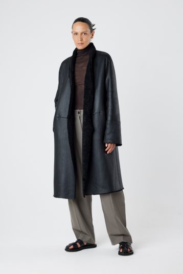 Collarless Black Shearling Wrap Coat | Womens | Gushlow & Cole - model length leather out coat open