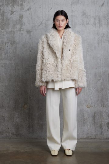 Cream Curly Shearling Jacket | Womens | Gushlow & Cole - model full length front