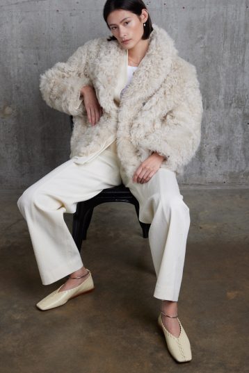 Cream Curly Shearling Jacket | Womens | Gushlow & Cole - model sitting