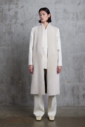 Longline Stand Collar White Shearling Gilet | Womens | Gushlow & Cole - model full length front