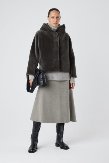 Storm Green Hooded Shearling Jacket | Womens | Gushlow & Cole - full length model jacket closed