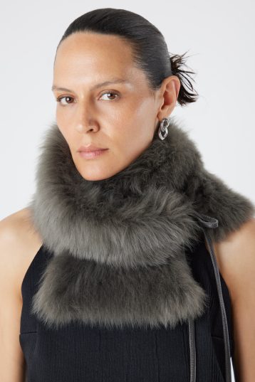 Storm Green Shearling Shawl Scarf | Womens | Gushlow & Cole - model full length scarf snood