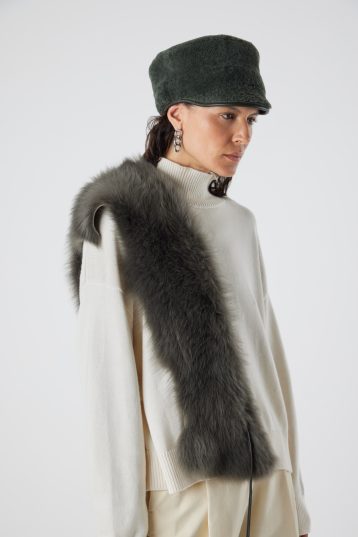 Storm Green Shearling Shawl Scarf | Womens | Gushlow & Cole - model with hat