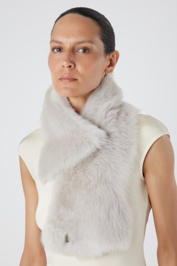 White Baby Button Shearling Scarf | Womens | Gushlow & Cole - model fixed with upper button