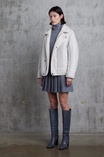 White Shearling Aviator Jacket | Womens | Gushlow & Cole - model full length coat open side