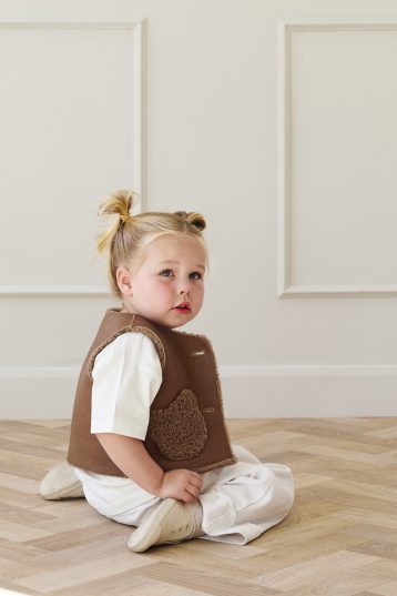 Albie Camel Kids Teddy Shearling Gilet | Kids | Gushlow & Cole - on girl model inside