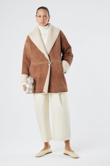 Brown and White Boxy Shearling Coat | Womens | Gushlow & Cole- model full length coat closed