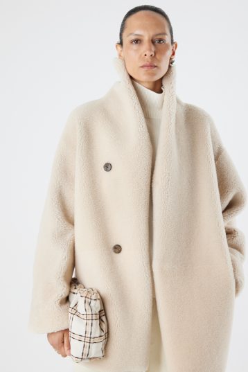 Brown and White Boxy Shearling Coat | Womens | Gushlow & Cole- model crop coat reversed