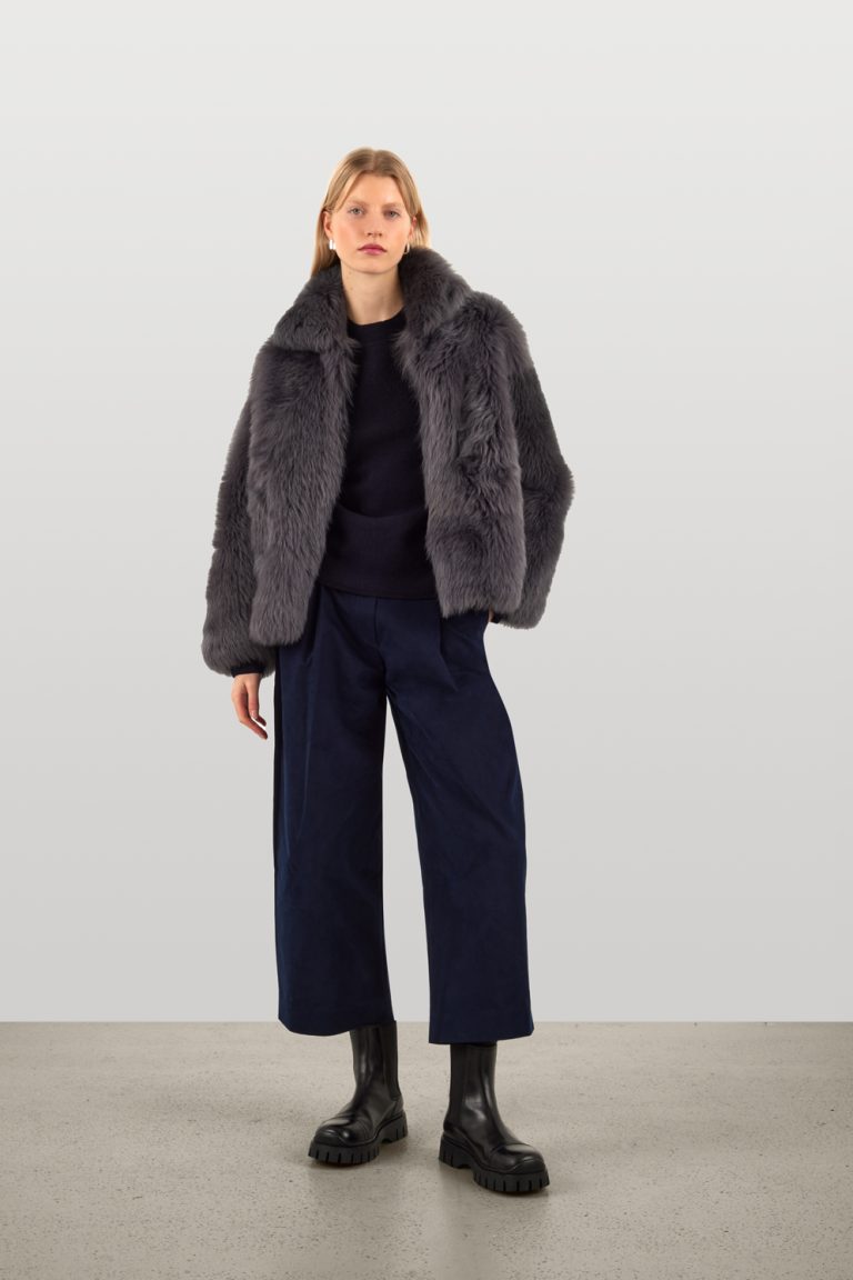 Funnel Collar Grey Shearling Jacket | Womens | Gushlow & Cole - model full length