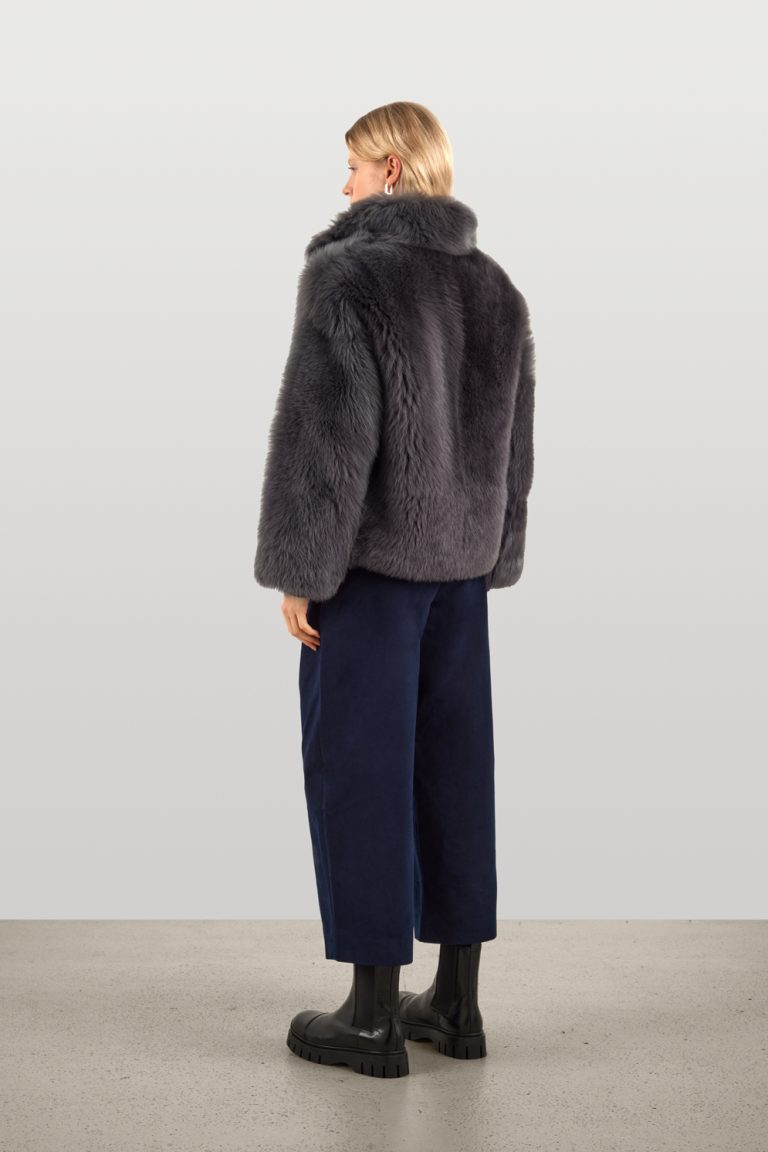 Funnel Collar Grey Shearling Jacket | Womens | Gushlow & Cole - model full length side back