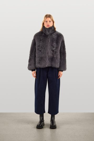 Funnel Collar Grey Shearling Jacket | Womens | Gushlow & Cole - model full length front jacket closed