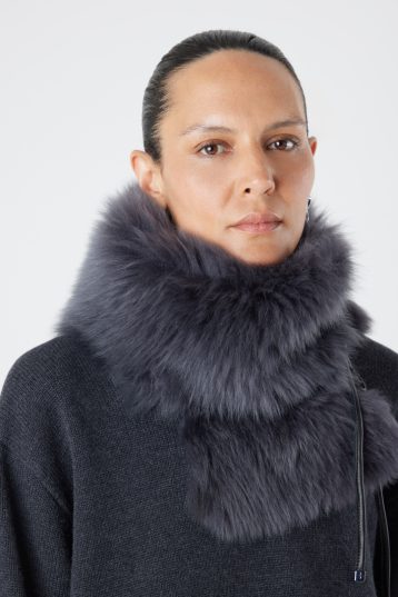 Grey Shearling Shawl Scarf | Womens | Gushlow & Cole - model crop scarf as snood