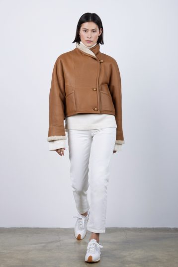 L9020 Camel Shearling Jacket | Womens | Gushlow & Cole-full length front walking