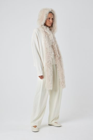 Long Cream Shearling Hooded Scarf | Womens | Gushlow & Cole- scarf on model full length