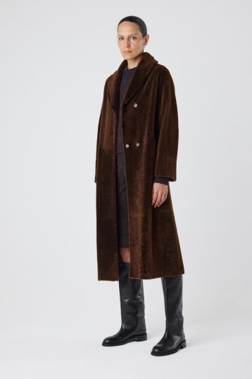 Longline Neat Shearling Shawl Coat in Brown | Womens | Gushlow & Cole- full length coat on model open