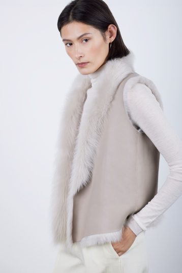 Natural Edge Oyster White Shearling Gilet | Womens | Gushlow & Cole- crop model reversed