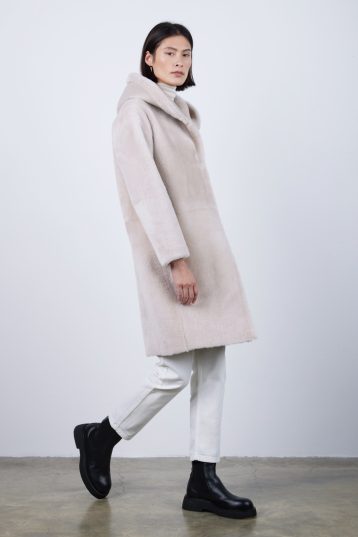 Oyster White Hooded Shearling Coat | Womens | Gushlow & Cole - model walking