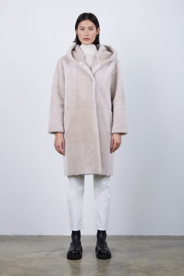 Oyster White Hooded Shearling Coat | Womens | Gushlow & Cole - model front on